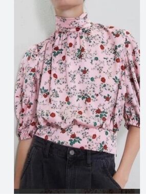 Zara Women's Pink Floral Blouse with Red Rose  Size M